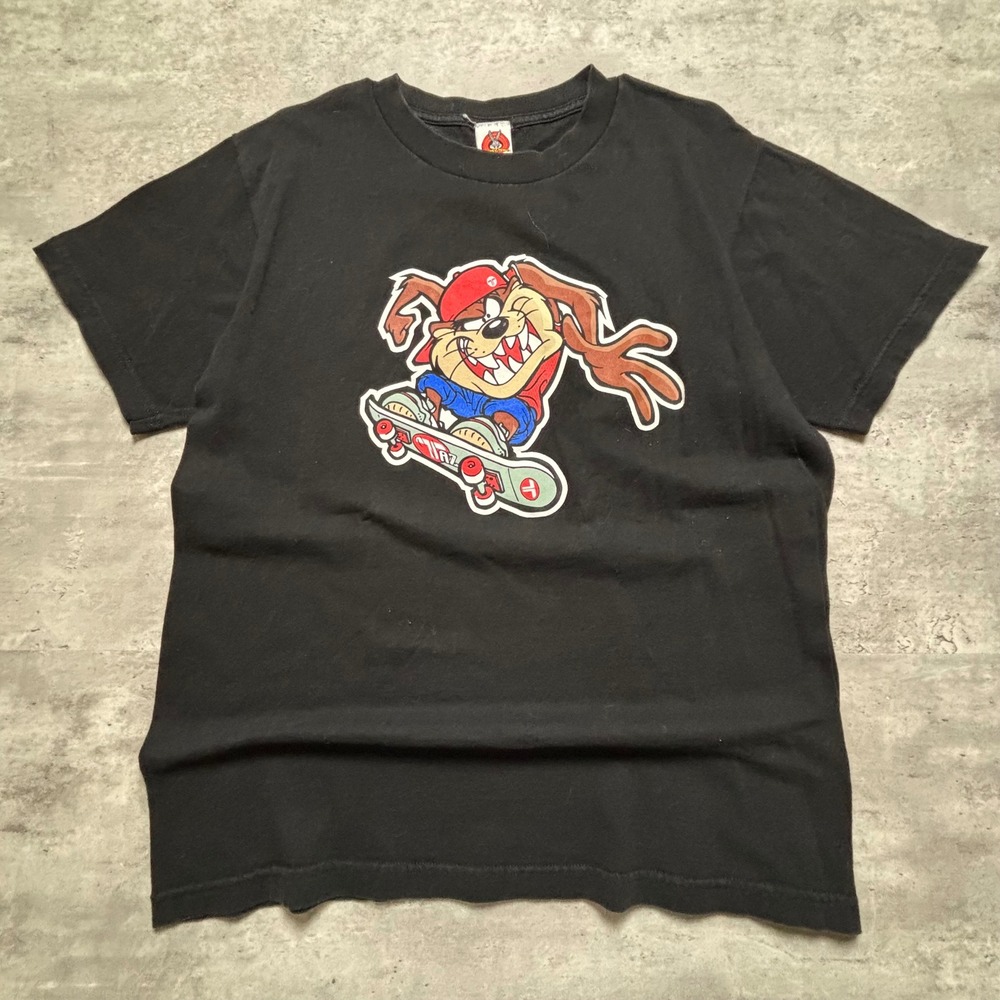 Looney Tunes T-Shirt Large Black Vintage Taz Skateboarding Graphic Tee